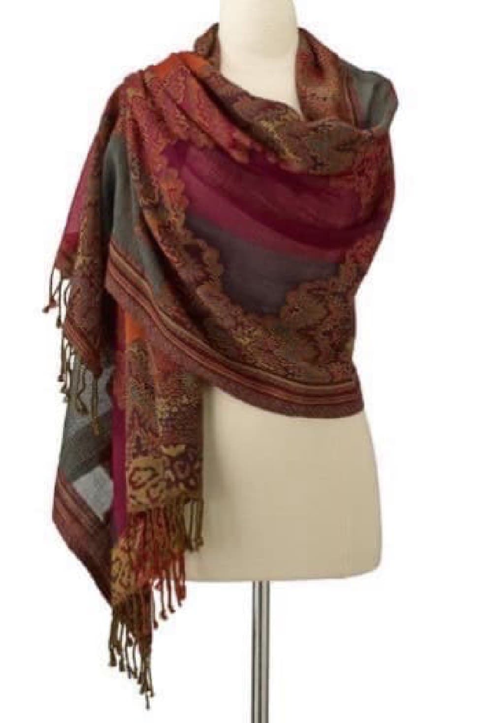 Aurelia Pashmina Wrap — A long, fringed wrap in jewel ikat.