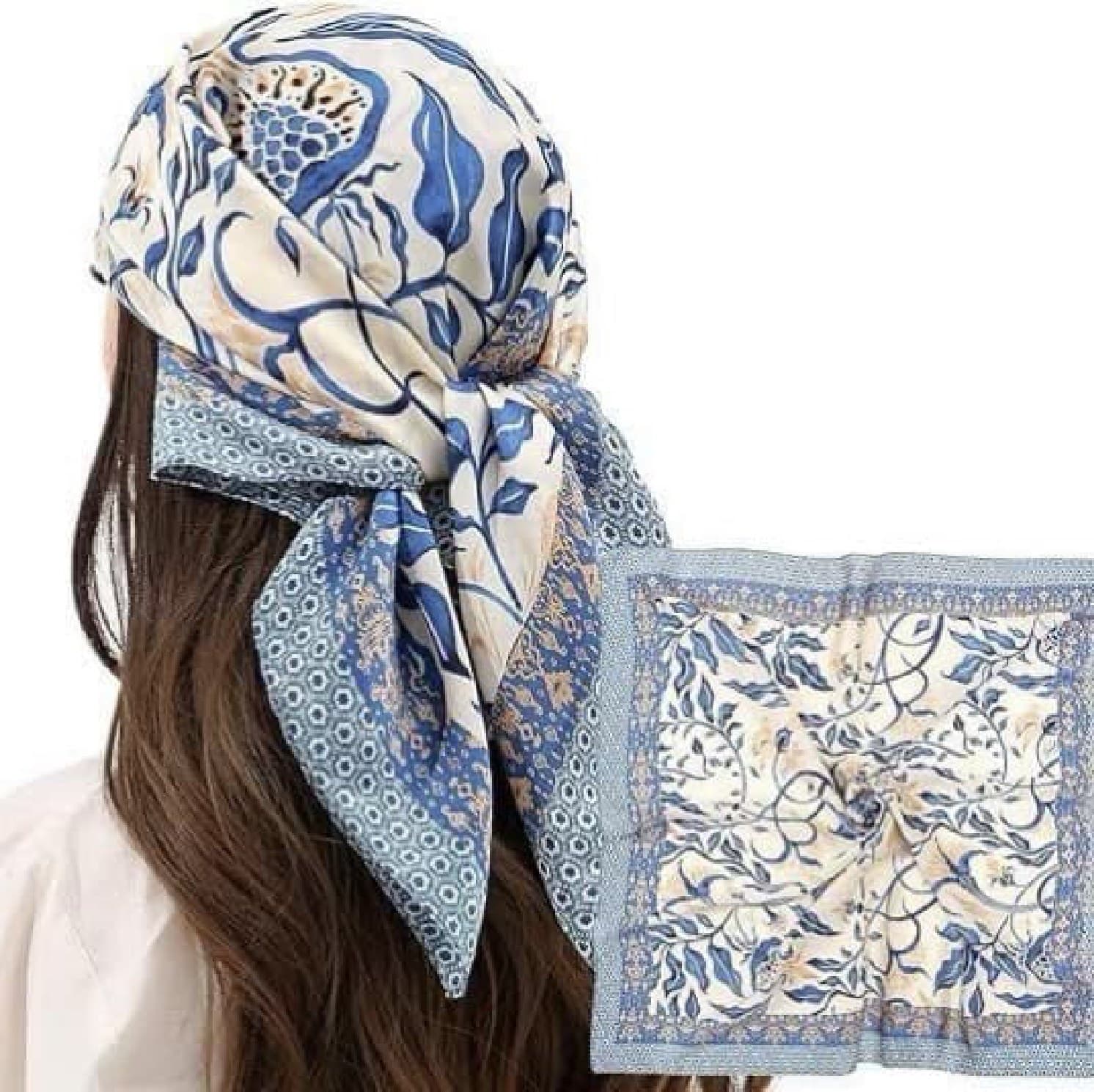 A model wearing the Porcelain Bloom silk scarf as a headscarf